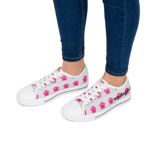 Women's Sneakers - Pink Paw Print and White Tennis Shoes